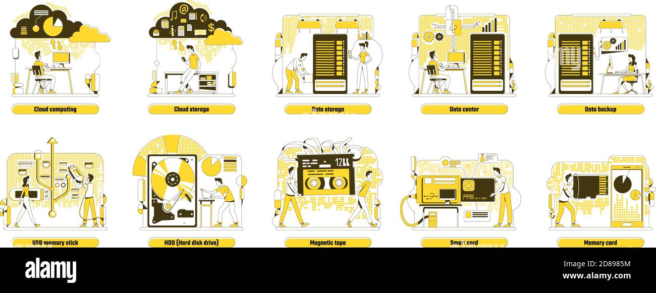 Data storage thin line concept vector illustrations set Stock Vector
