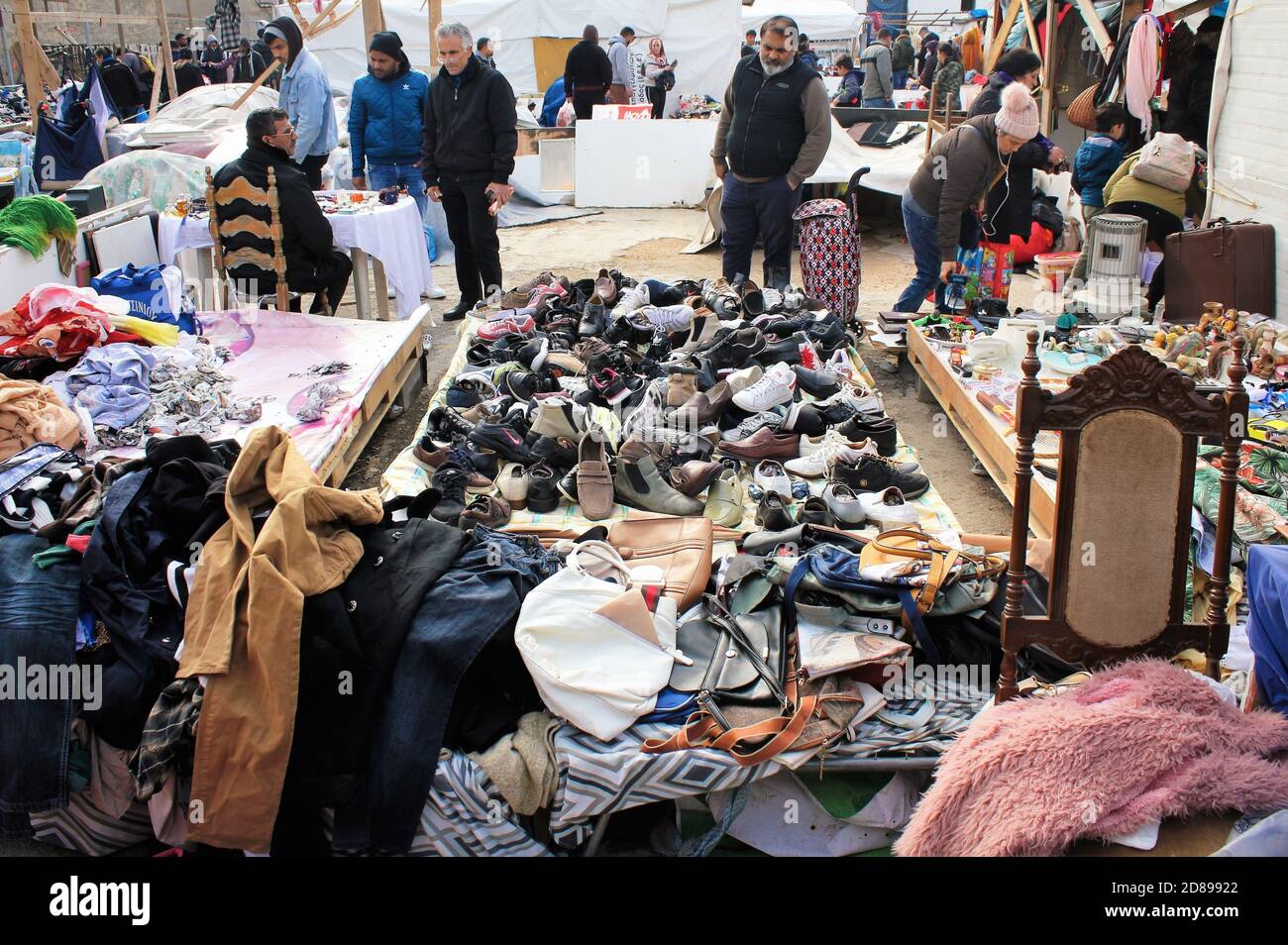 Second hand items for sale at street market in Athens, Greece, January 5 2020. Stock Photo