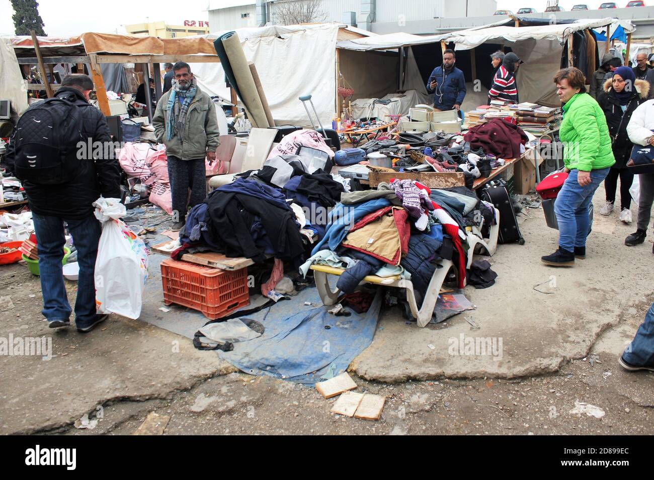 Second hand items for sale at street market in Athens, Greece, January 5 2020. Stock Photo