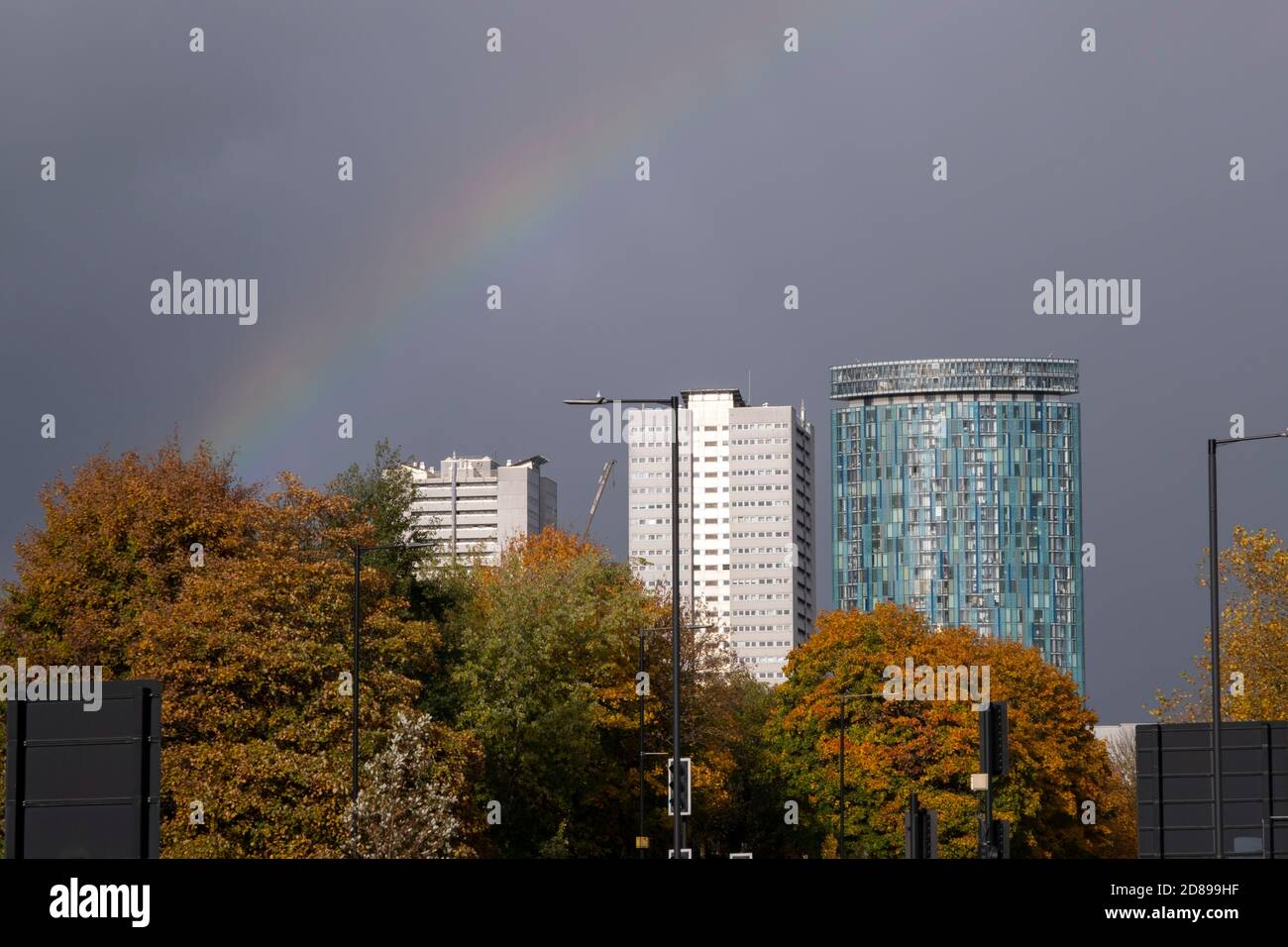 Rainbow over the Radisson Hotel In Birmingham on 26th October 2020 in Birmingham, United Kingdom. Radisson Hotels is an international hotel chain headquartered in the United States and owned by Jin Jiang International Holdings Co. Stock Photo