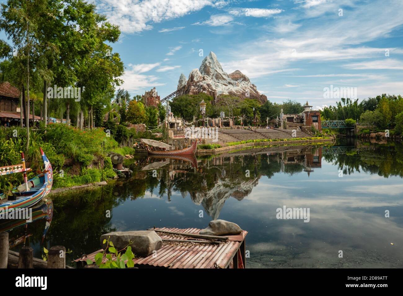 View across the lake to Expedition Everest - Legend of the Forbidden Mountain, Disney's Animal Kindom Theme Park, Florida Stock Photo