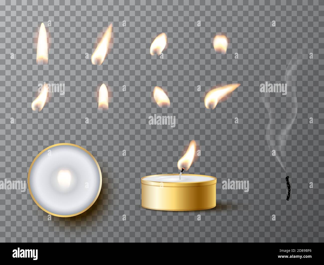 Vector realistic golden tea candle with fire and candle fire set