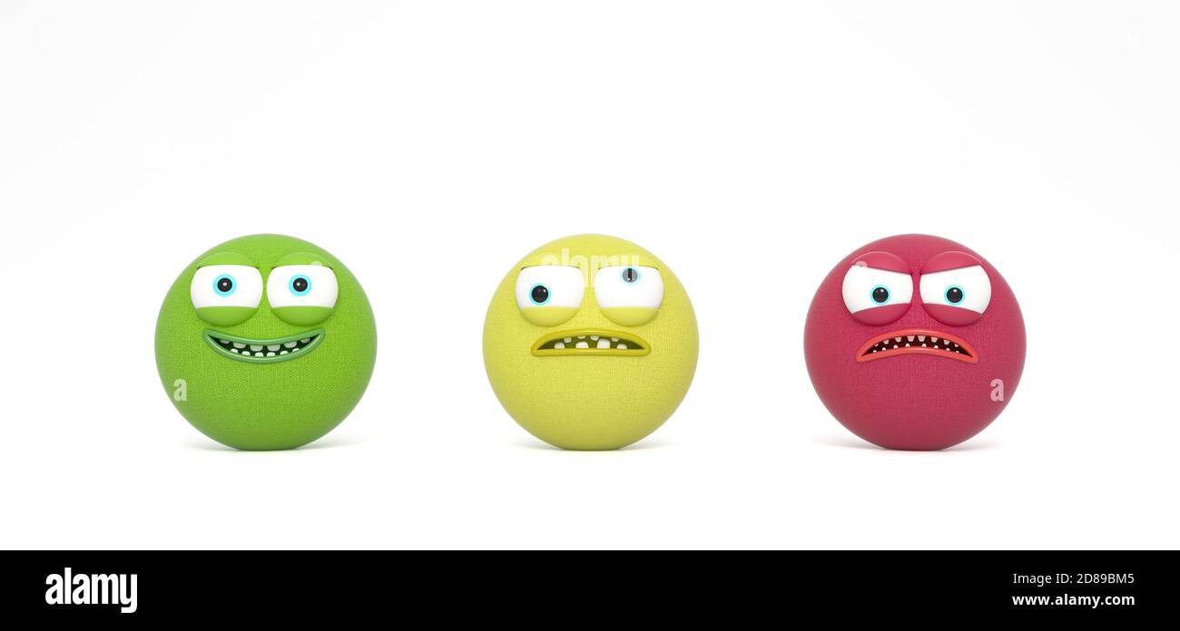 Happy, silly and angry face character. Traffic light emotions concept 3d render 3d illustration Stock Photo
