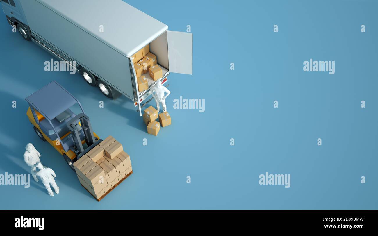 3D rendering a forklift loading boxes in a truck with anoymous workers ...