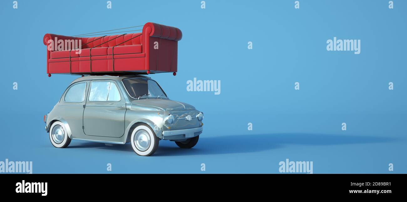 3D rendering of a small retro car carrying a big red sofa Stock Photo