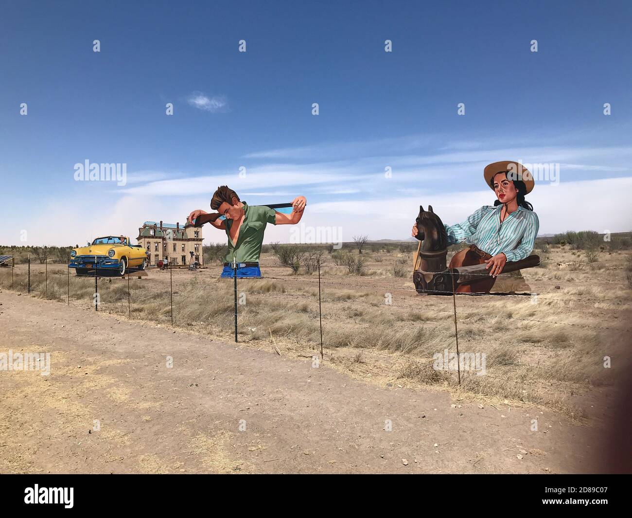 This roadside art near Marfa, Texas pays tribute to the 'Giant' movie, starring James Dean and Liz Taylor.  Giant made Marfa Texas famous. Stock Photo