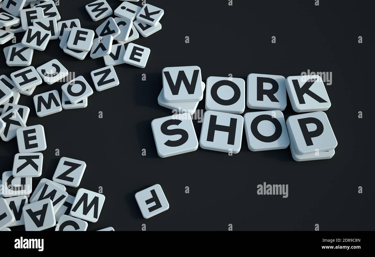 3D rendering of the words work shop written on letter tiles on a black background Stock Photo