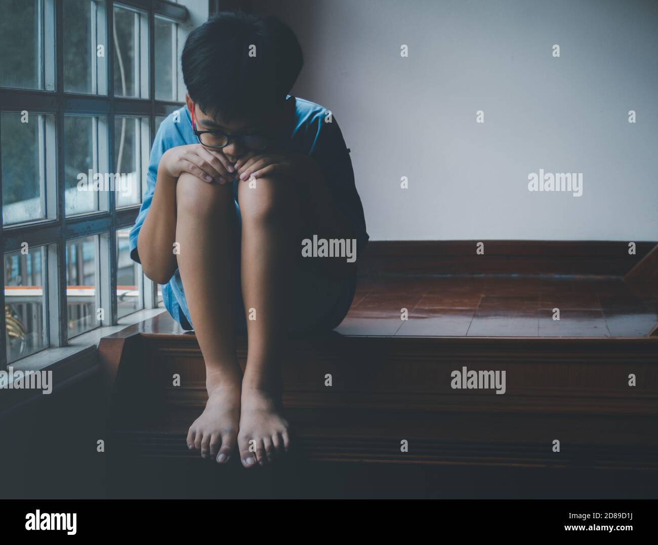 Neglected Face Neglected Lonely Child Leaning At Room corner with sadness and unhappy ...