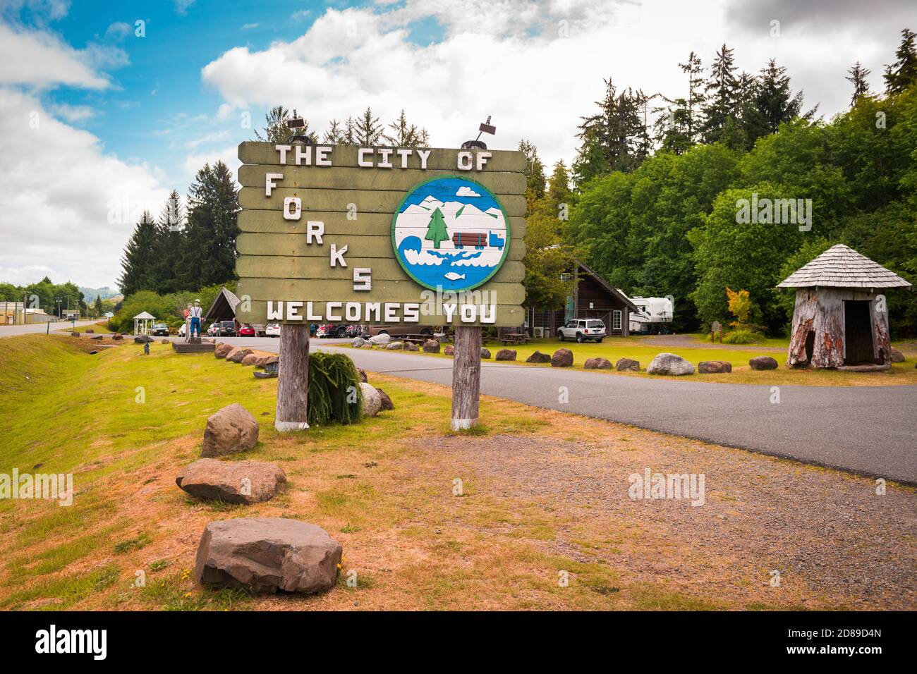 FORKS, WASHINGTON - JUNE 27, 2018: Welcome sign reading: 'The City of Forks Welcomes You.' Stock Photo
