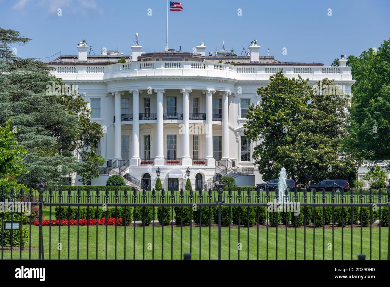 The southern facade of James Hoban's neoclassical White House, with its semi-circular portico facing The Ellipse and South Lawn. Stock Photo