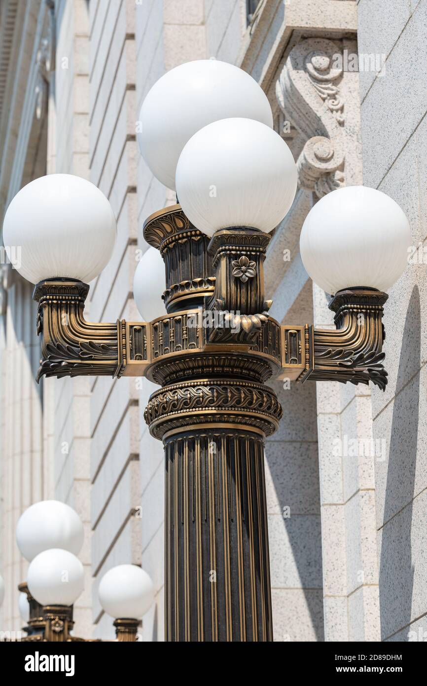 Elaborate brass street lamps outside the former Bank of America Building on 15th Street NW, Washington DC. Stock Photo