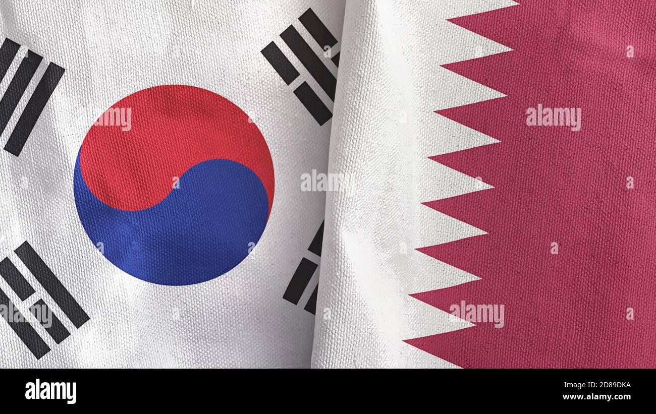 Qatar and South Korea two flags textile cloth 3D rendering Stock Photo