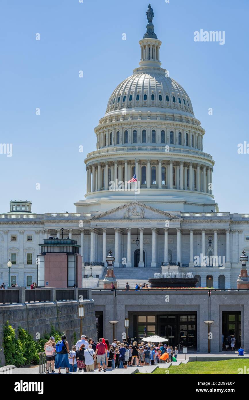 Thomas U. Walter's magnificent cast-iron dome of the US Capitol rises 288' above Capitol Hill in Washington DC Stock Photo