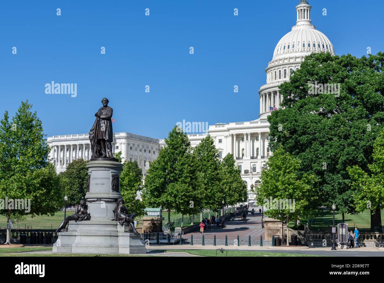 John Quincy Adams Ward's memorial to James A Garfield stands in the circle at First Street, SW in front of the US Capitol Building. Stock Photo