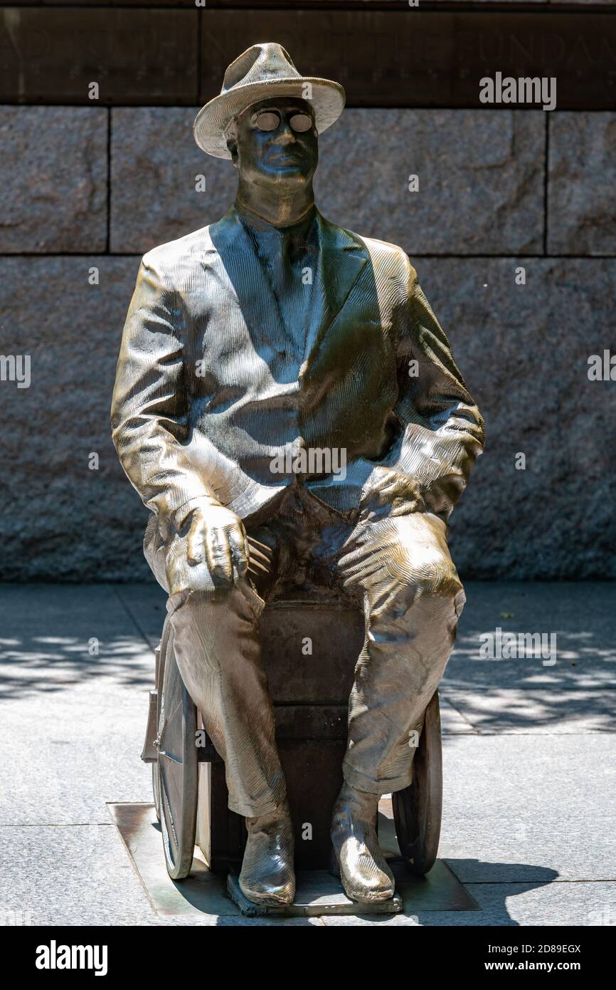 Robert Graham’s bronze statue of Franklin Delano Roosevelt shows the president seated on a wheelchair of Roosevelt’s own design. Stock Photo