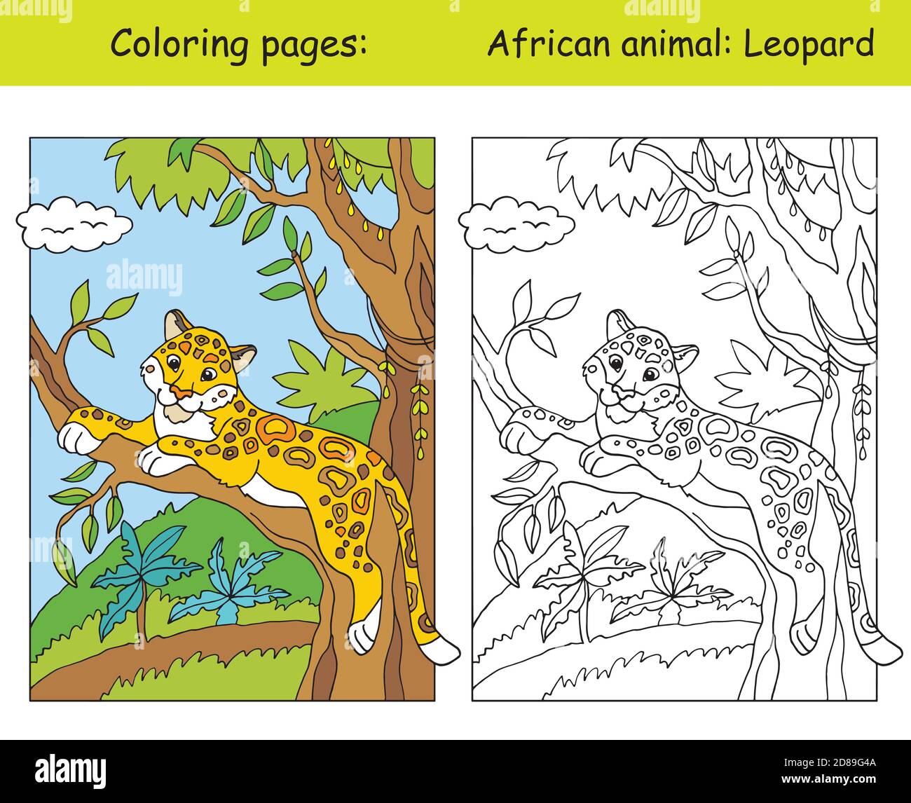 Vector coloring pages with cute leopard in african area. Cartoon isolated colorful illustration. Coloring and colored image of leopard. For coloring b Stock Vector