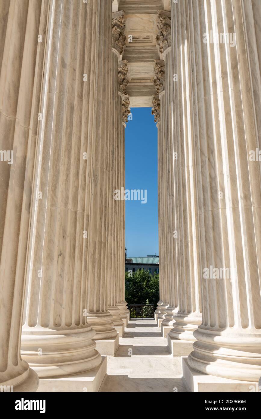 The marble colonnaded portico of the western façade of the US Supreme Court Building Stock Photo