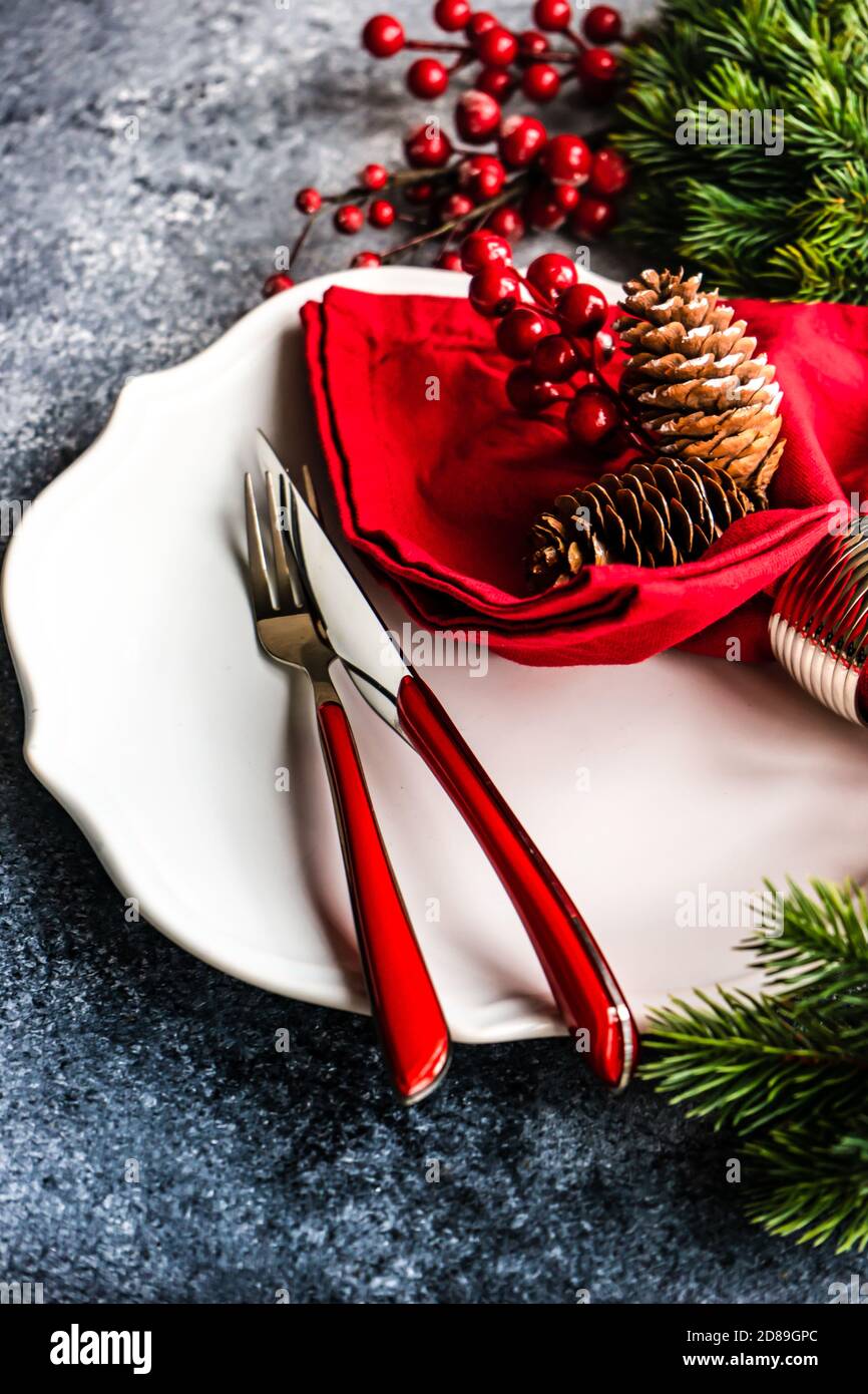 Festive rustic Christmas place setting Stock Photo