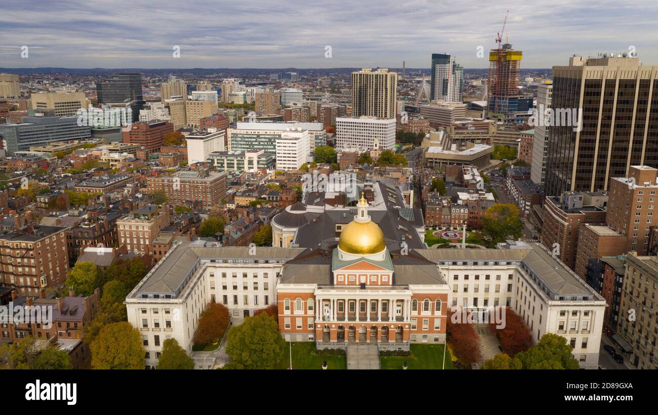 The gold dome seems to glow on the day the Red Sox celebrate winning the world series of baseball Stock Photo