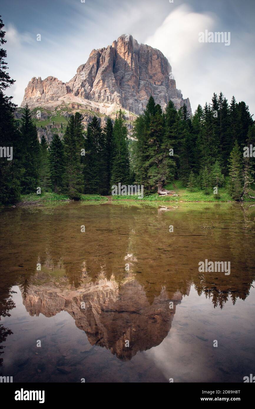 Cinque Torri mountain reflections in an alpine lake, Dolomites, Cortina d'Ampezzo, Belluno, Italy Stock Photo