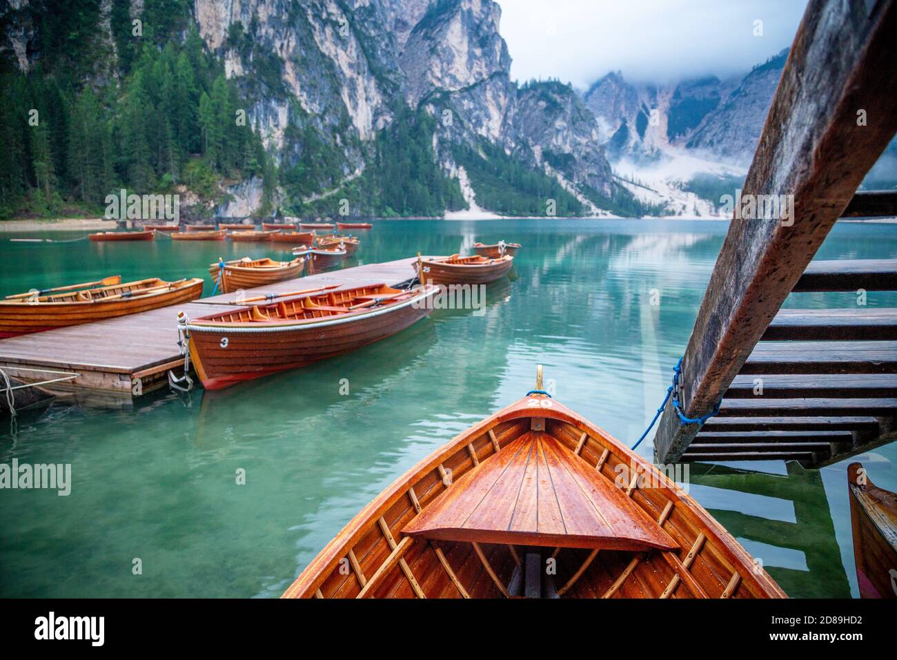 Rowing Boats on Lago di Braies, Dolomites, South Tyrol, Italy Stock Photo