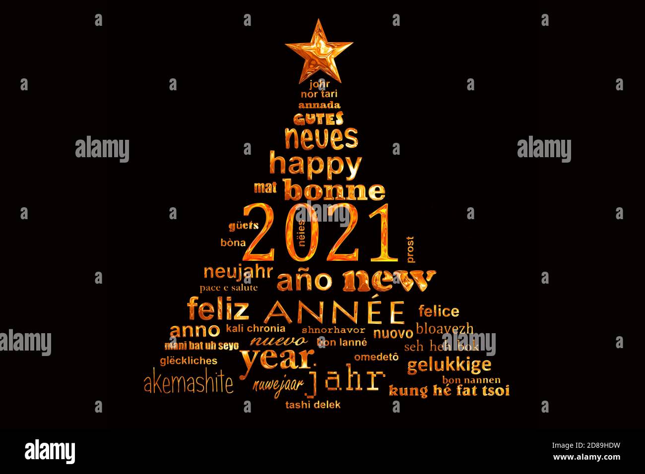 2021 new year multilingual golden text word cloud greeting card in the shape of a christmas tree Stock Photo