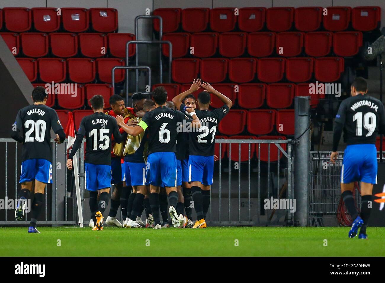 Players of Granada celebrate their second goal during the UEFA Europa League, Group Stage, Group E football match between PSV Eindhoven and Granada  C Stock Photo