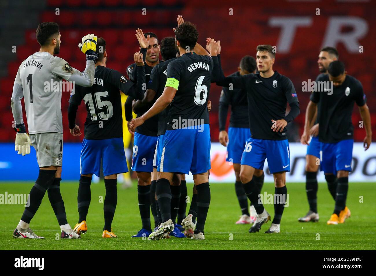 Players of Granada celebrate their victory during the UEFA Europa League, Group Stage, Group E football match between PSV Eindhoven and Granada CF o C Stock Photo