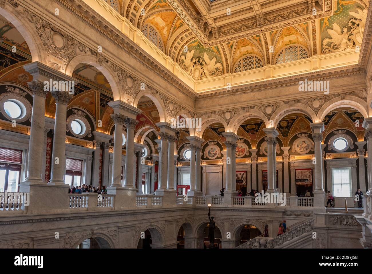 Pairs of columns line the second floor of the Great Hall of the Library of Congress Jefferson Building in Washington, DC. Stock Photo