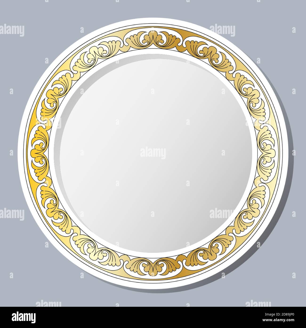 Decorative plate with vintage ornament. Circular floral gold frame