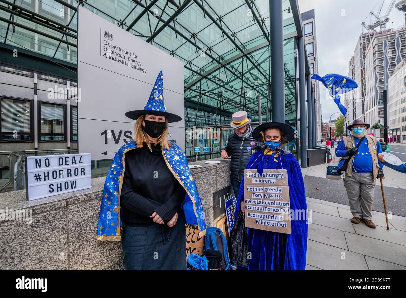 London, UK. 28th Oct, 2020. Pro EU protesters from SODEM, in Halloween costumes, at the Department for Business Energy and Industrial Strategy where trade talks continue. Credit: Guy Bell/Alamy Live News Stock Photo