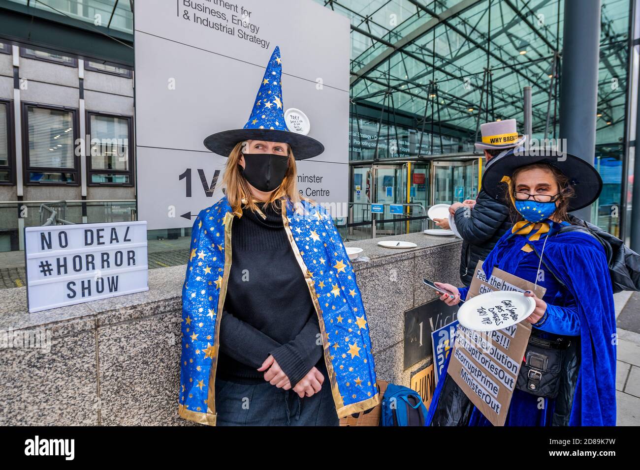 London, UK. 28th Oct, 2020. Pro EU protesters from SODEM, in Halloween costumes, at the Department for Business Energy and Industrial Strategy where trade talks continue. Credit: Guy Bell/Alamy Live News Stock Photo