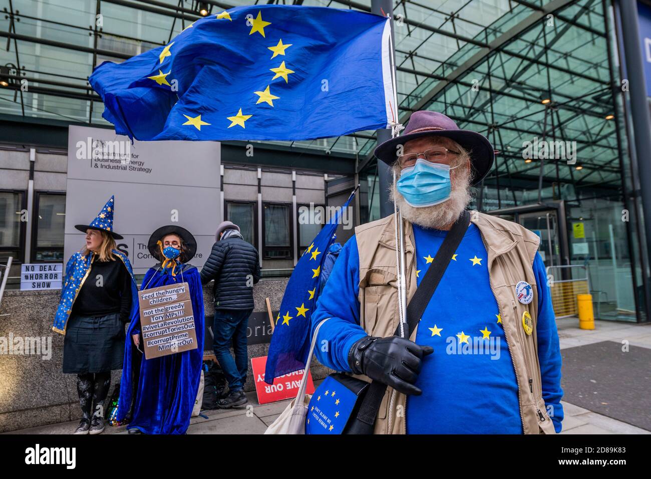 London, UK. 28th Oct, 2020. Pro EU protesters from SODEM, in Halloween costumes, at the Department for Business Energy and Industrial Strategy where trade talks continue. Credit: Guy Bell/Alamy Live News Stock Photo