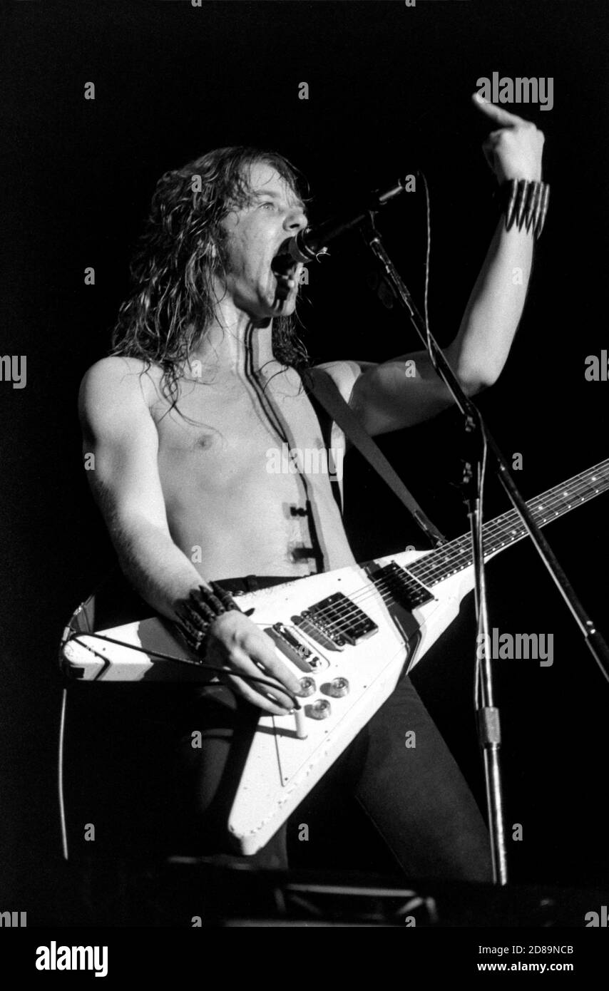 ZWOLLE, THE NETHERLANDS - FEBR 11, 1984: Metallica performing live on stage during their first concert in the Netherlands in the IJsselhal in Zwolle. Stock Photo