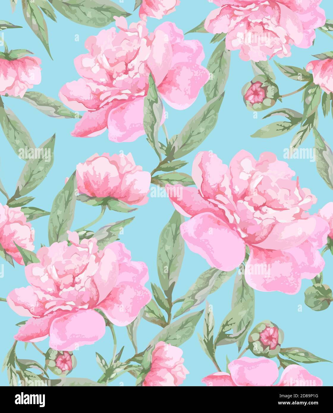 Pink peony flowers with leaves on a blue background. Seamless pattern. Romantic watercolor floral design for greeting cards, fabric print. Stock Vector