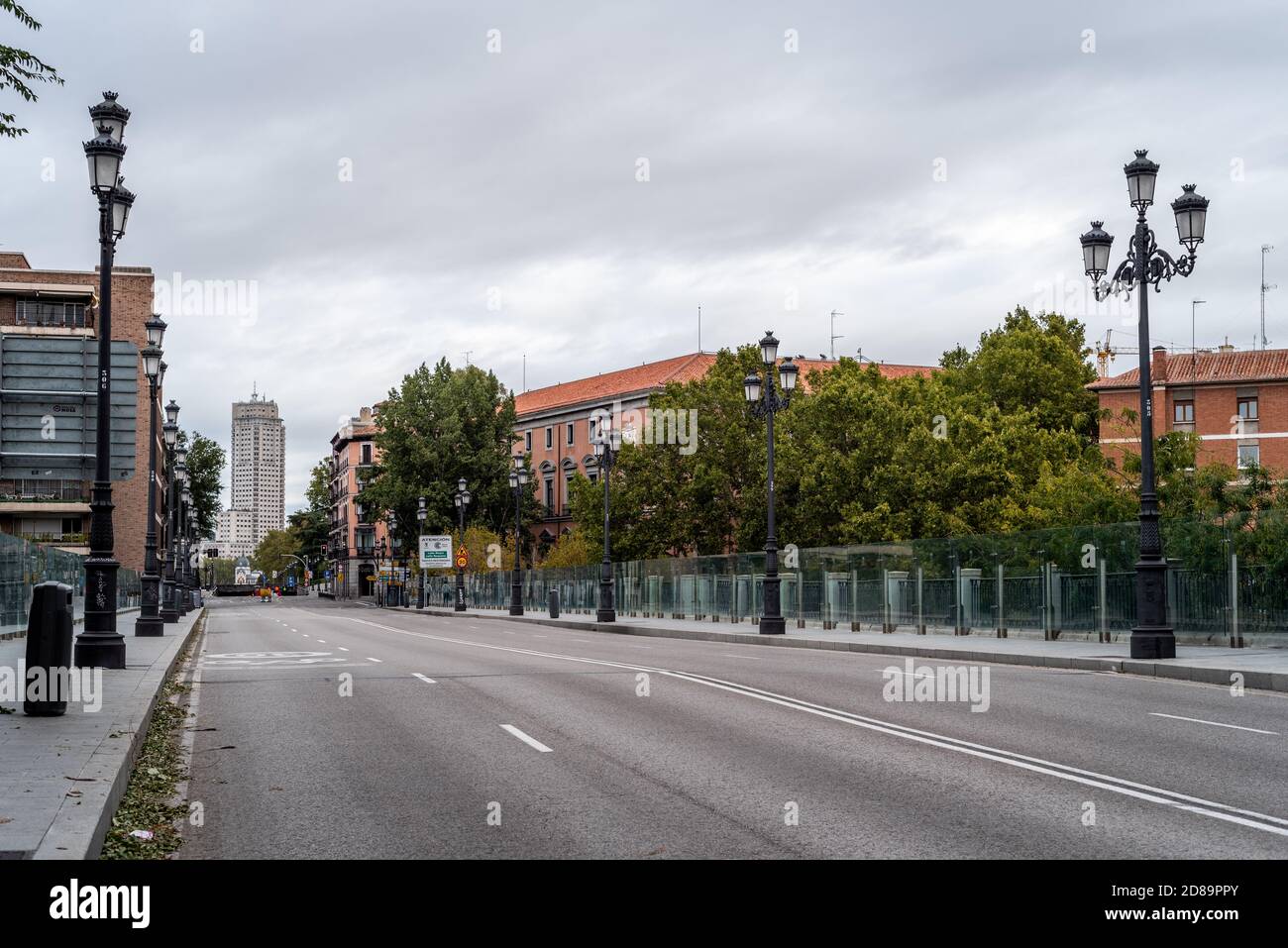 Madrid, Spain - 4th October, 2020: Bailen Street in central Madrid. Segovia Viaduct or Bridge of Segovia Stock Photo