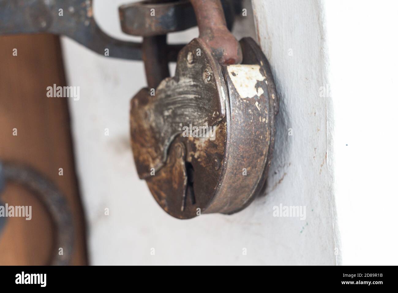 padlock on a wooden door Stock Photo