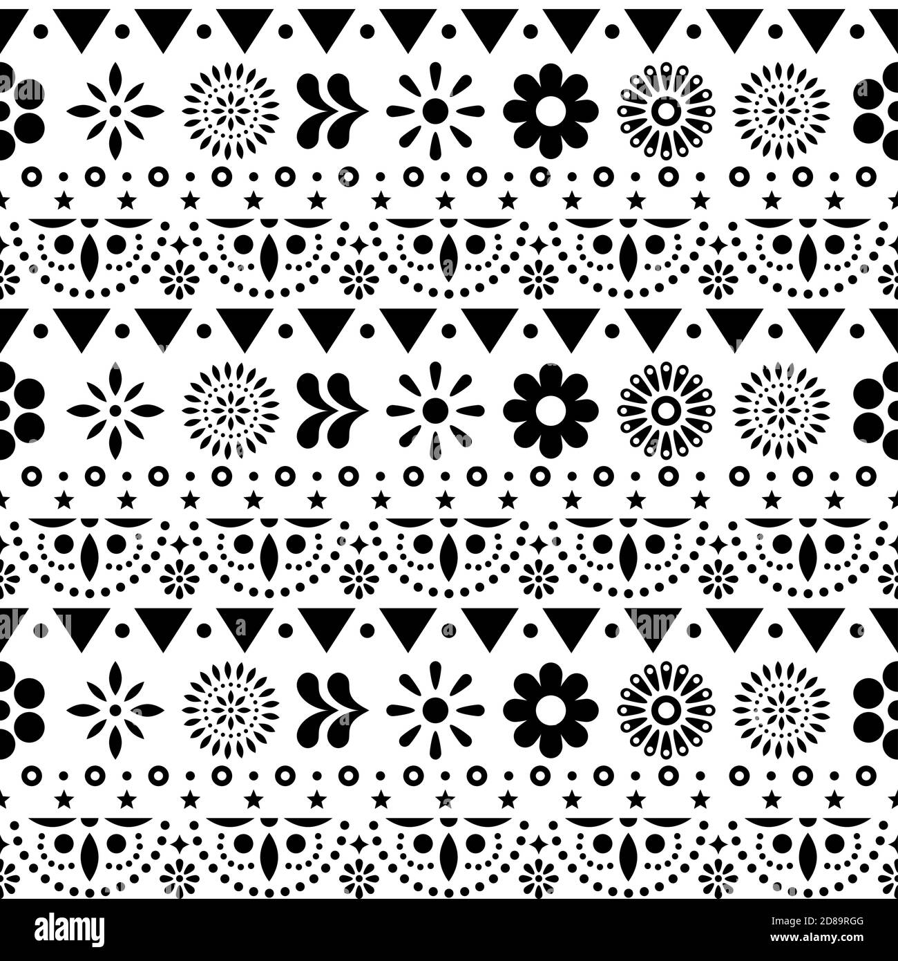 Mexican seamless vector black and white pattern with flowers and abstract shapes - textile, wallpaper design Stock Vector