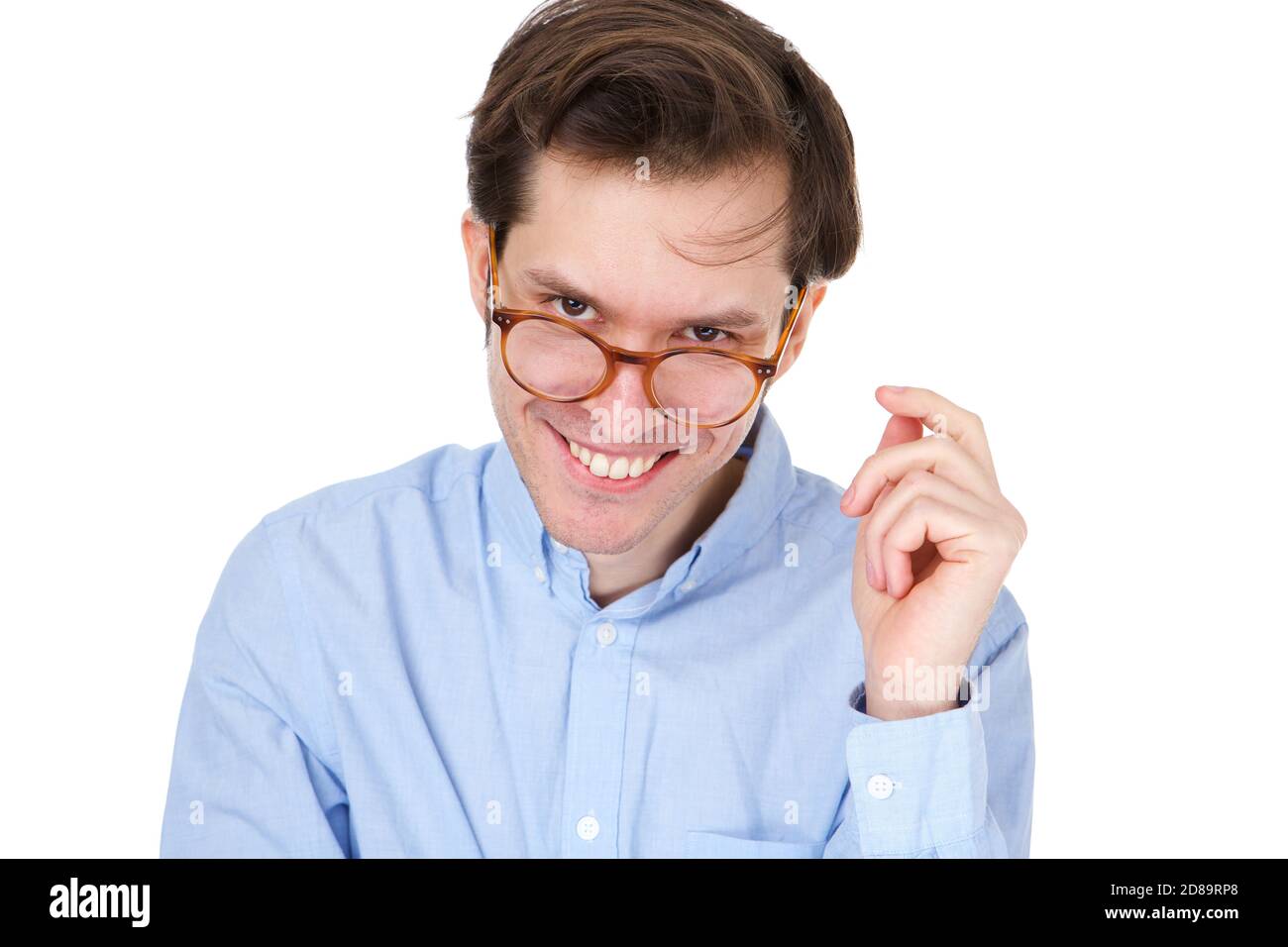Portrait of young man smiling with glasses and hand by face Stock Photo ...