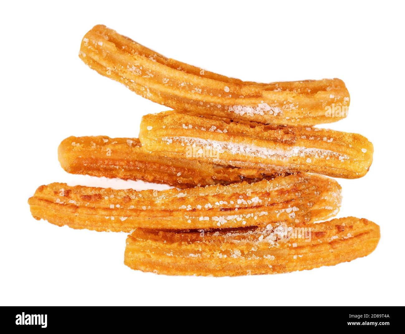 Churro isolated on white background. Traditional spanish food. Heap of Churros Top view Stock Photo