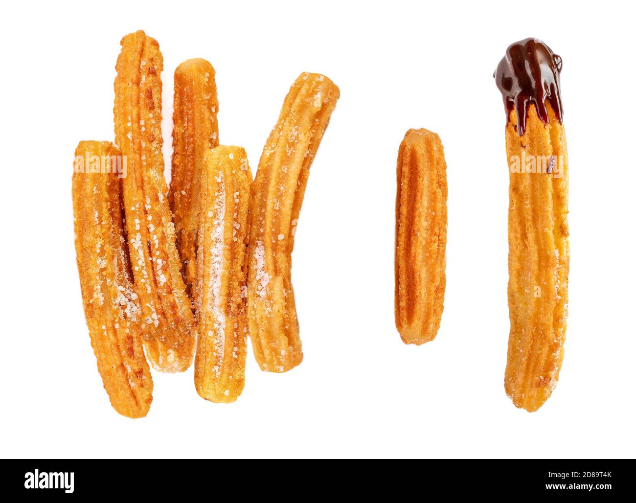 Churro isolated on white background. Traditional spanish food. Various Churros Top view. Flat lay Stock Photo