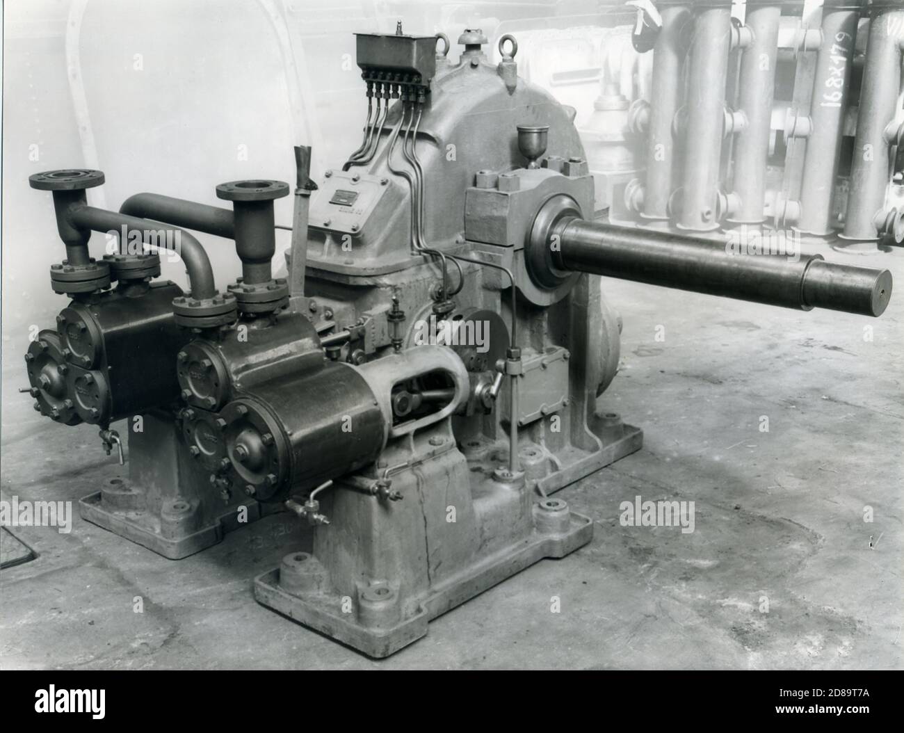 1930 - 40. Fiat - Ansaldo machine. Motors components. Isolated motor image. Fiat Big Motors factory , fabbrica Grandi Motori in Torino, Italy. Stock Photo