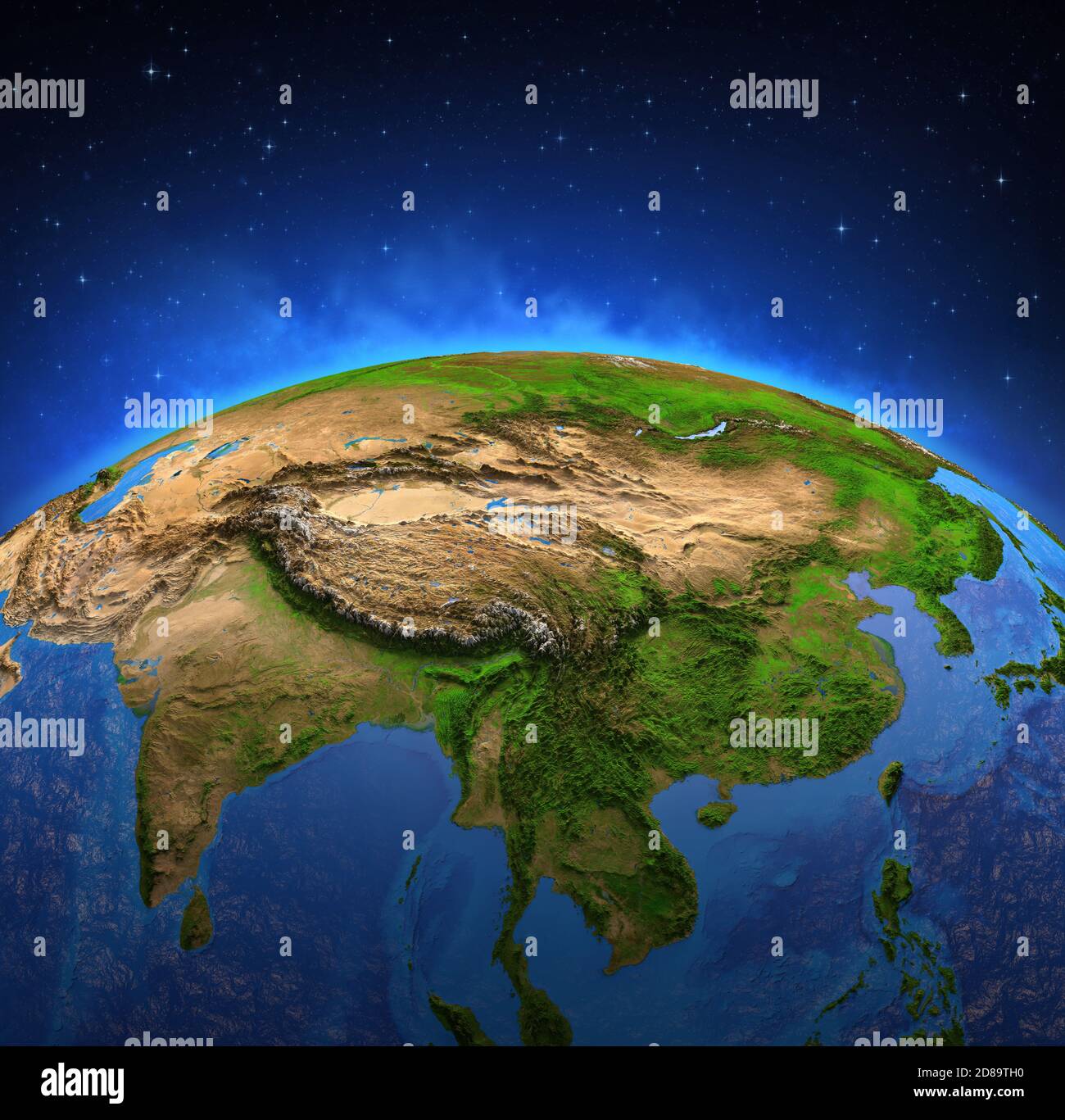 Surface of Planet Earth viewed from a satellite, focused on East Asia. Physical map of China and Mongolia. Elements furnished by NASA Stock Photo
