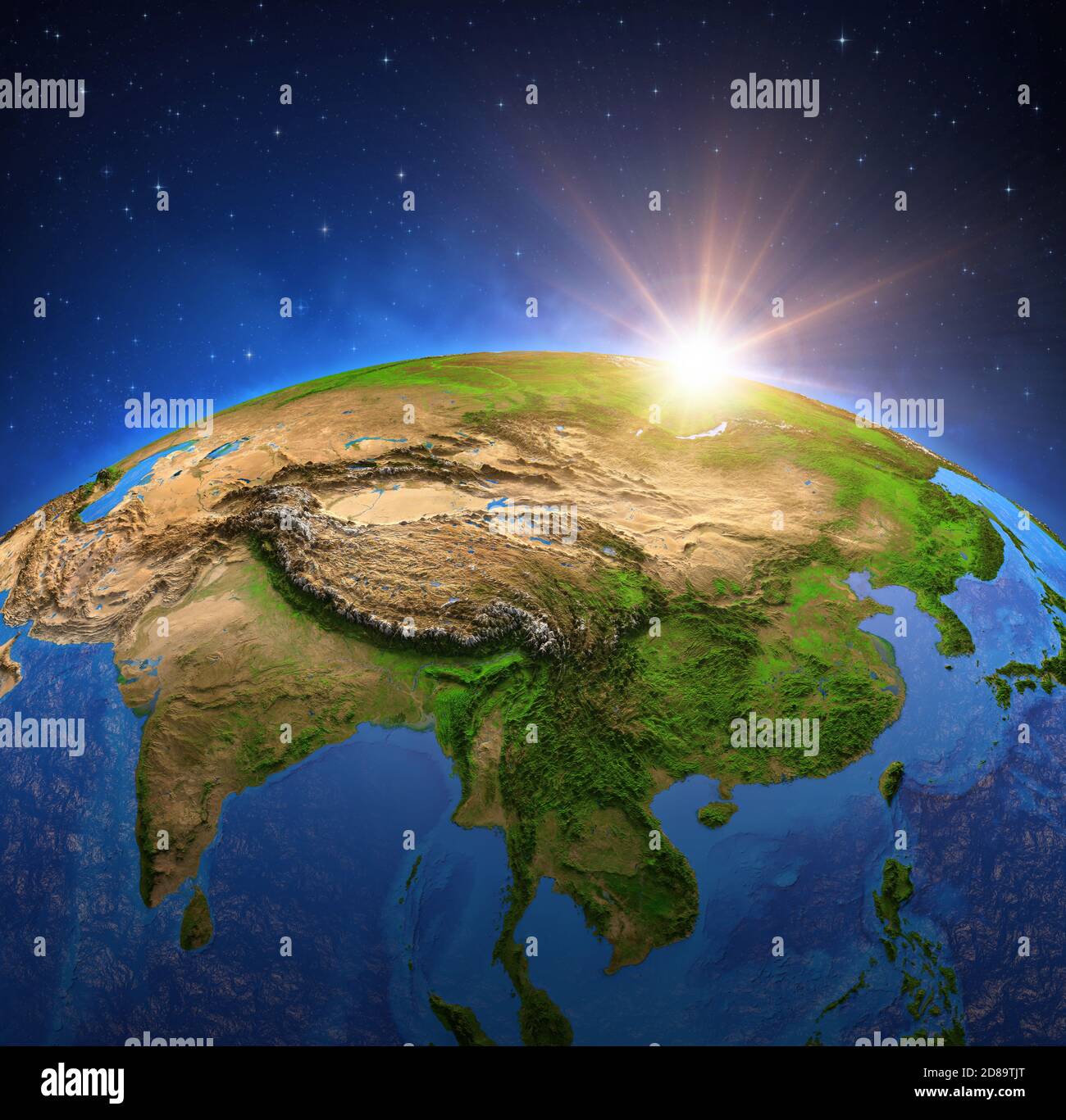 Surface of Planet Earth viewed from a satellite, focused on East Asia, sun rising on the horizon. Physical map of China. NASA elements. Stock Photo