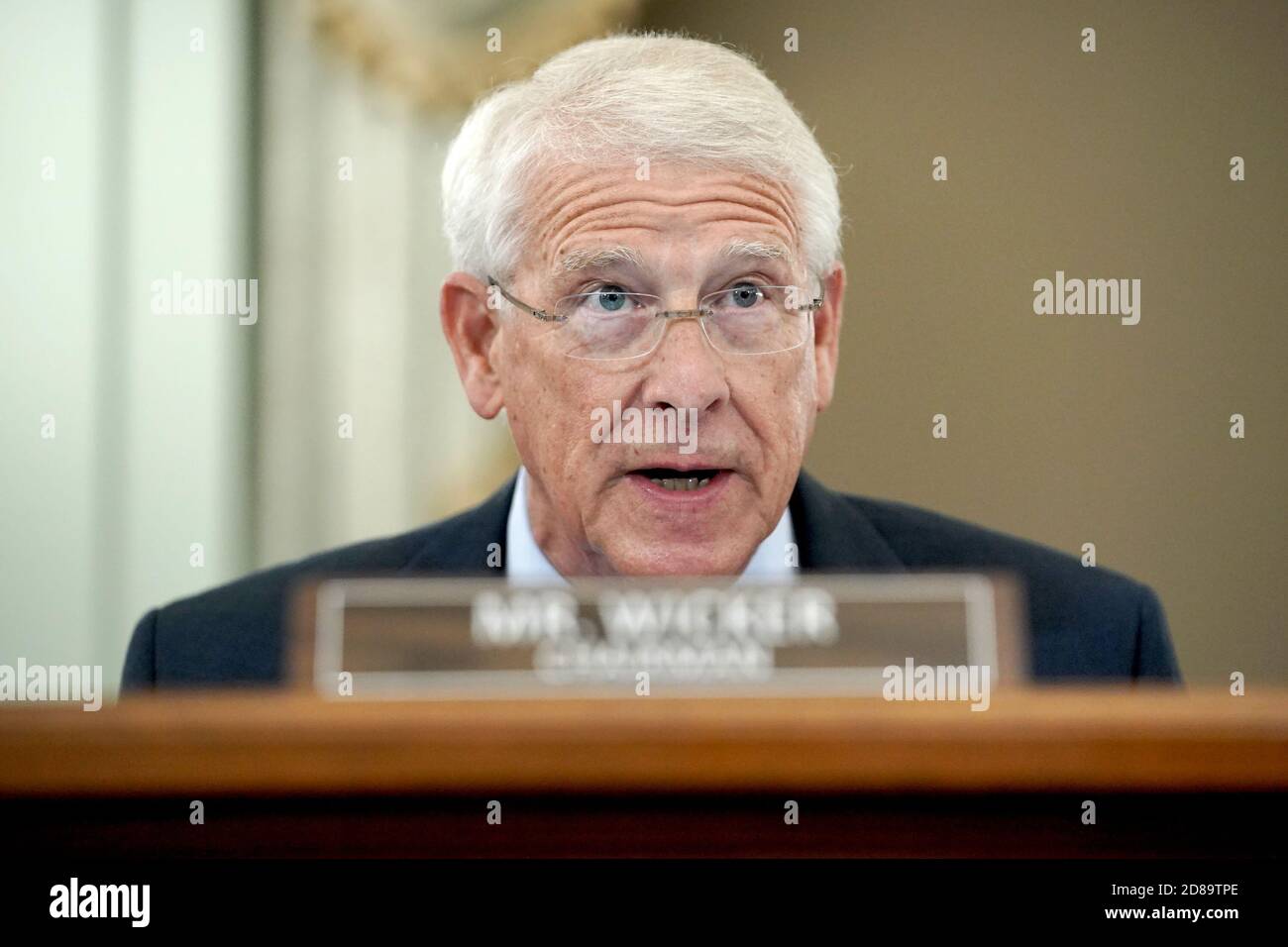 Washington, United States. 28th Oct, 2020. Senate Commerce, Science, and Transportation Committee Chairman Roger Wicker (R-Miss.) speaks to a staffer during a hearing to discuss reforming Section 230 of the Communications Decency Act with big tech companies on Wednesday, October 28, in Washington, DC. Pool Photo by Greg Nash/UPI Credit: UPI/Alamy Live News Stock Photo