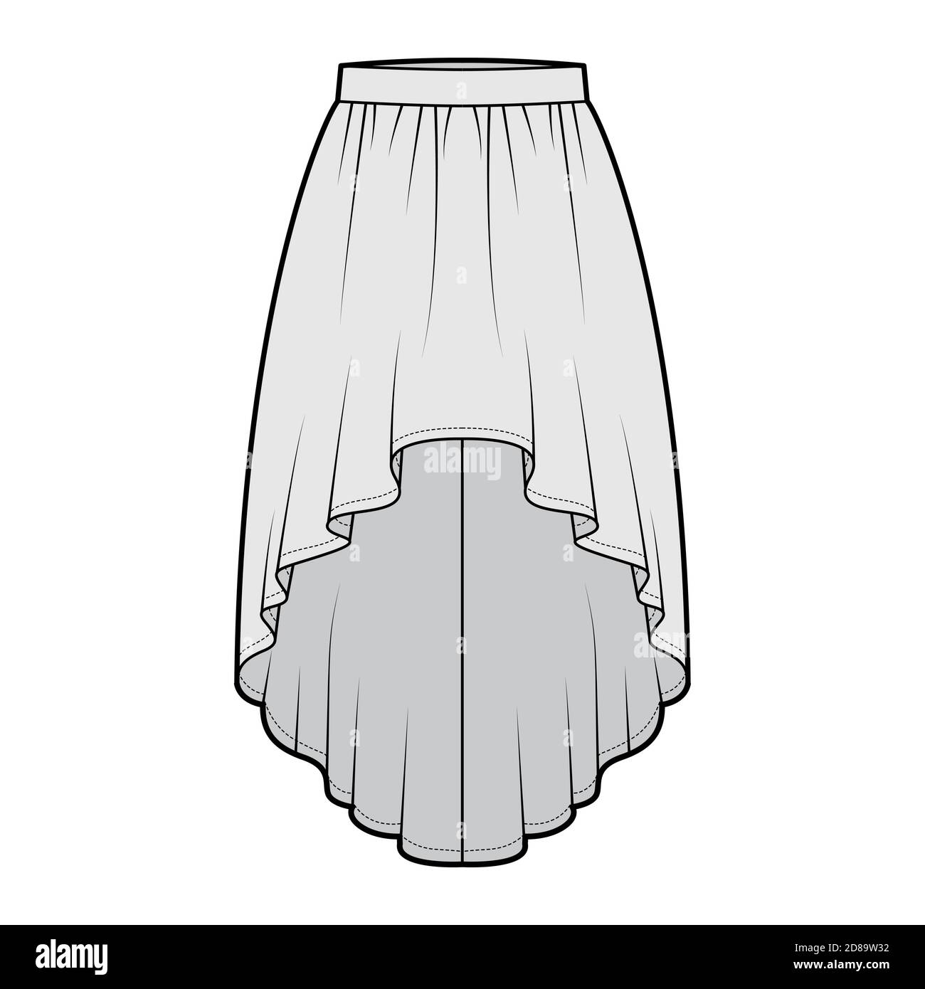 Skirt high low technical fashion illustration with knee ancle silhouette semi circular fullness thick waistband. Flat bottom template front grey color style. Women men unisex CAD mockup Stock Vector I...