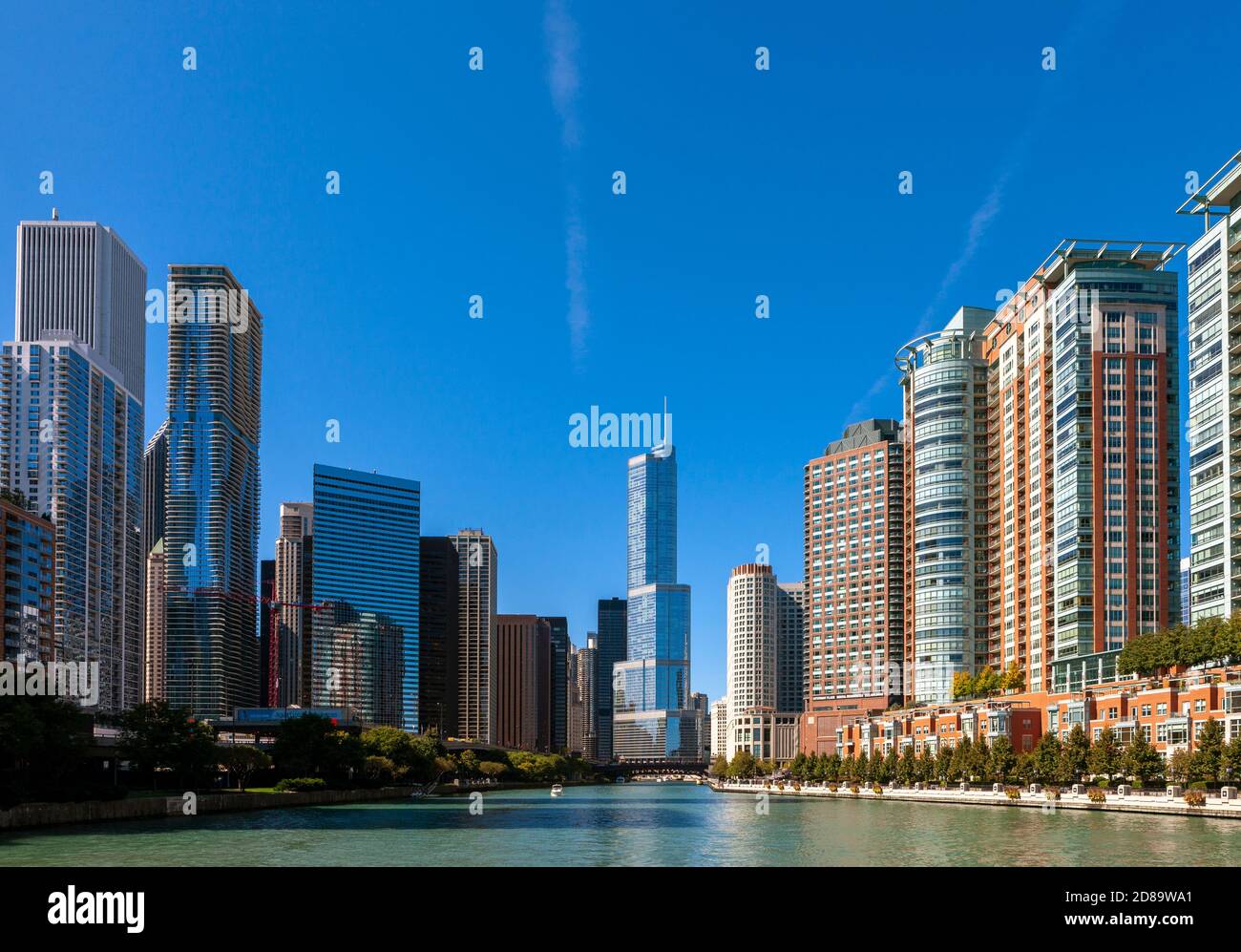 Chicago, third largest city in the United States. The building at the center is Trump Tower, which contains condominiums and a hotel. Stock Photo