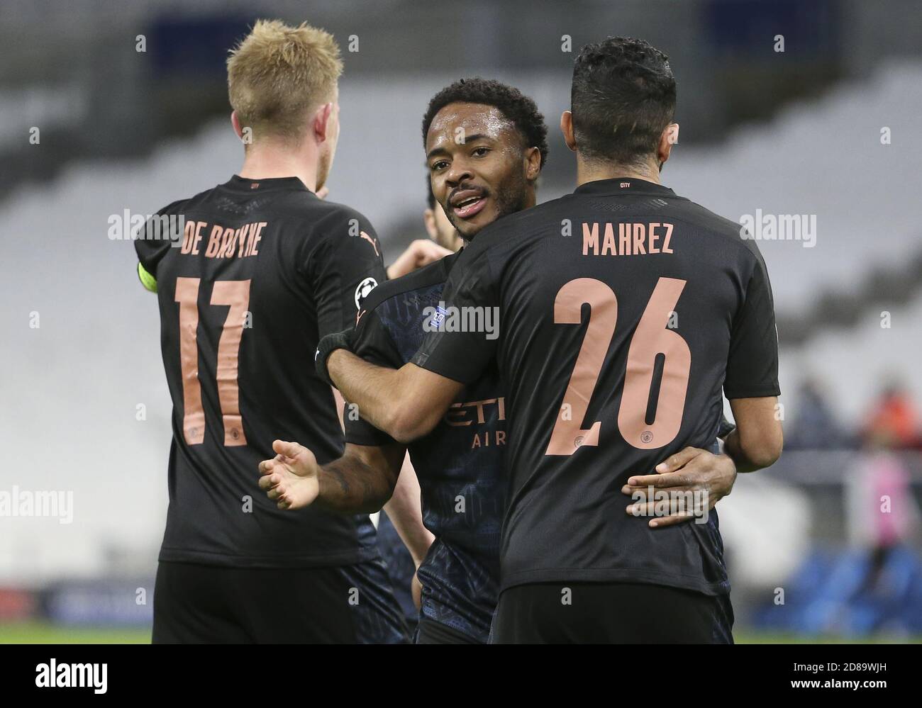 Kevin de Bruyne of Manchester City celebrates his goal with Raheem Sterling (center), Riyad Mahrez during the UEFA Champions League, Group Stage, Gr C Stock Photo