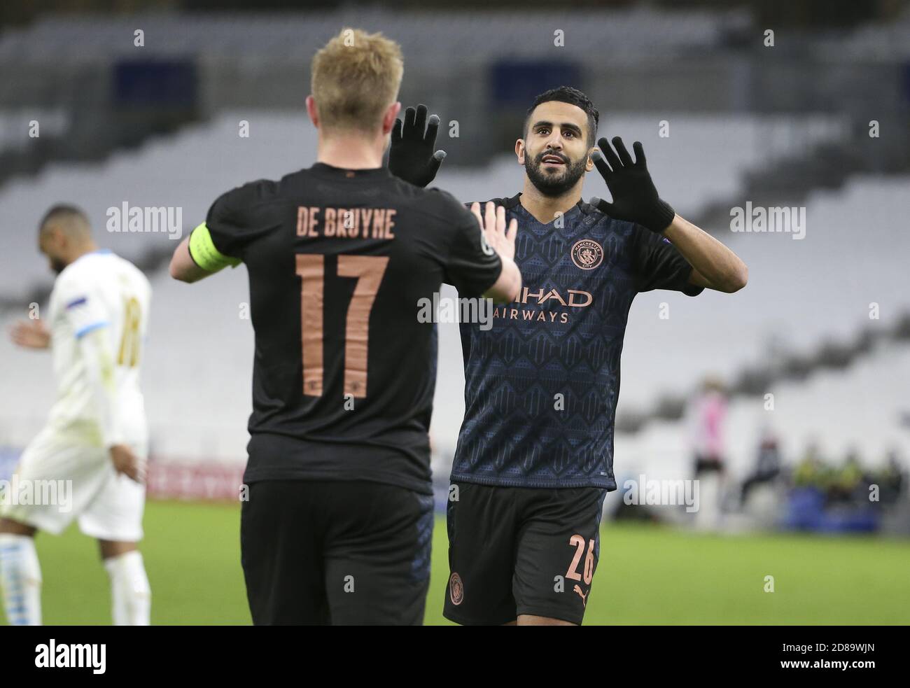 Kevin de Bruyne of Manchester City celebrates his goal with Riyad