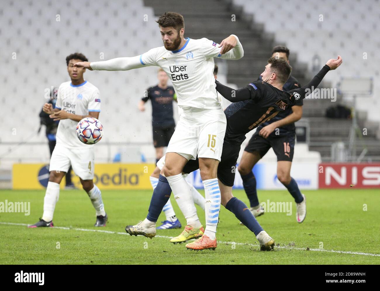 Duje Caleta-Car of Marseille, Aymeric Laporte of Manchester City during the UEFA Champions League, Group Stage, Group C football match between Olymp C Stock Photo